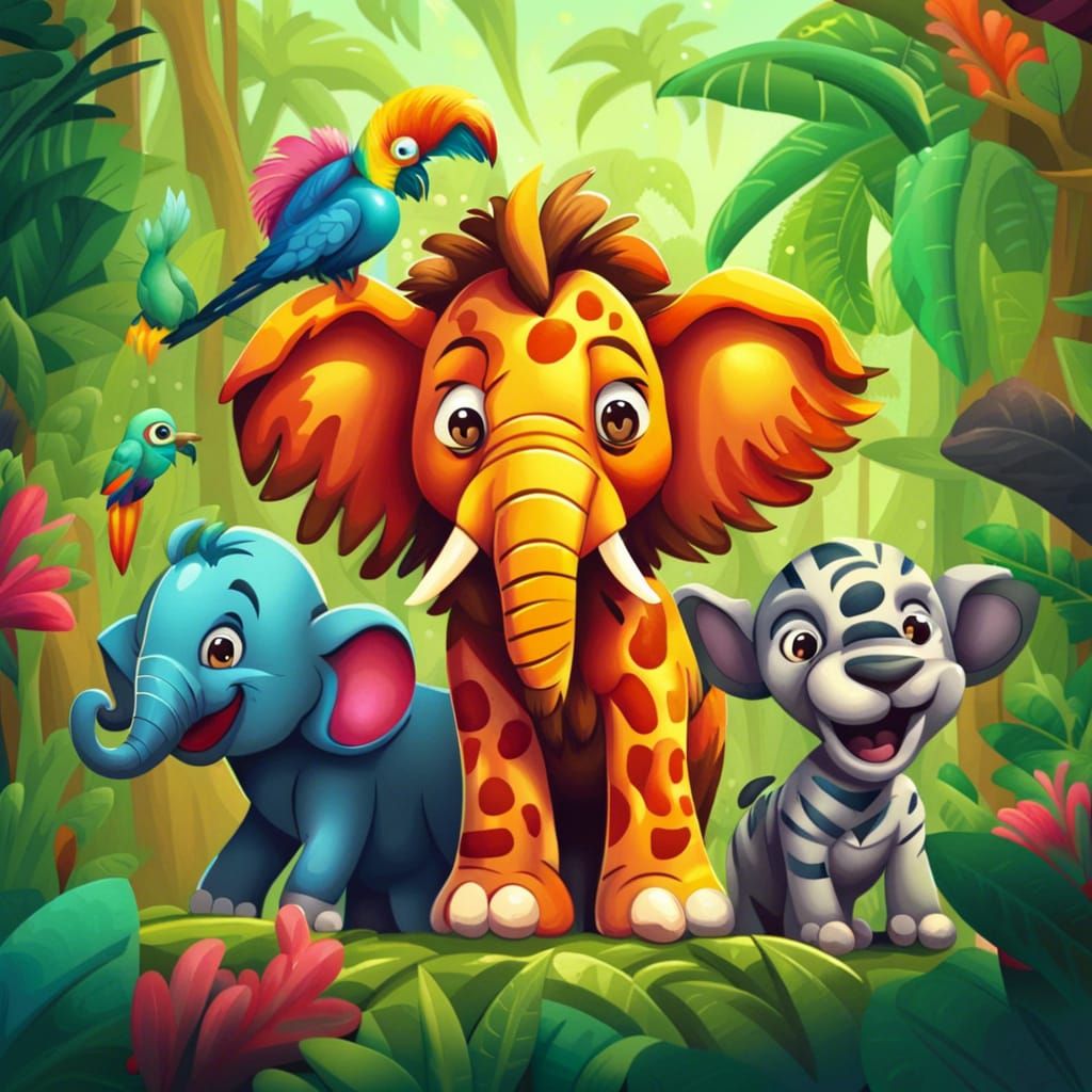 Happy Jungle Animals in Cartoon Style