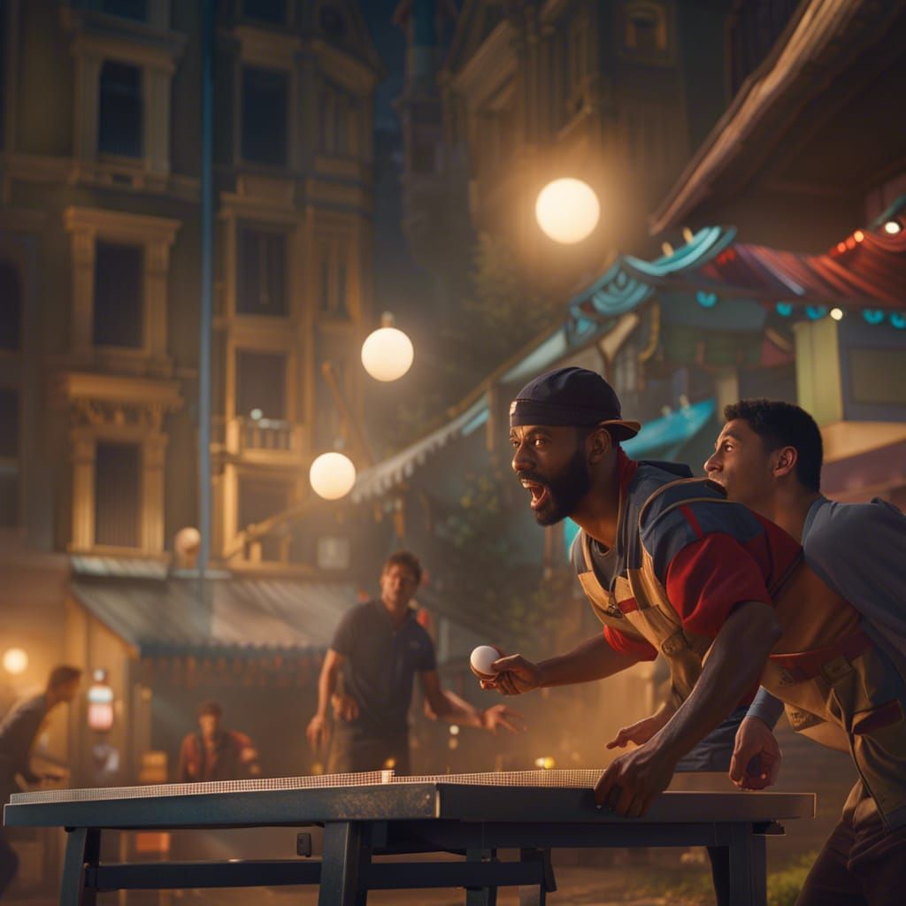 Nighttime Ping Pong Match: Detailed Digital Painting
