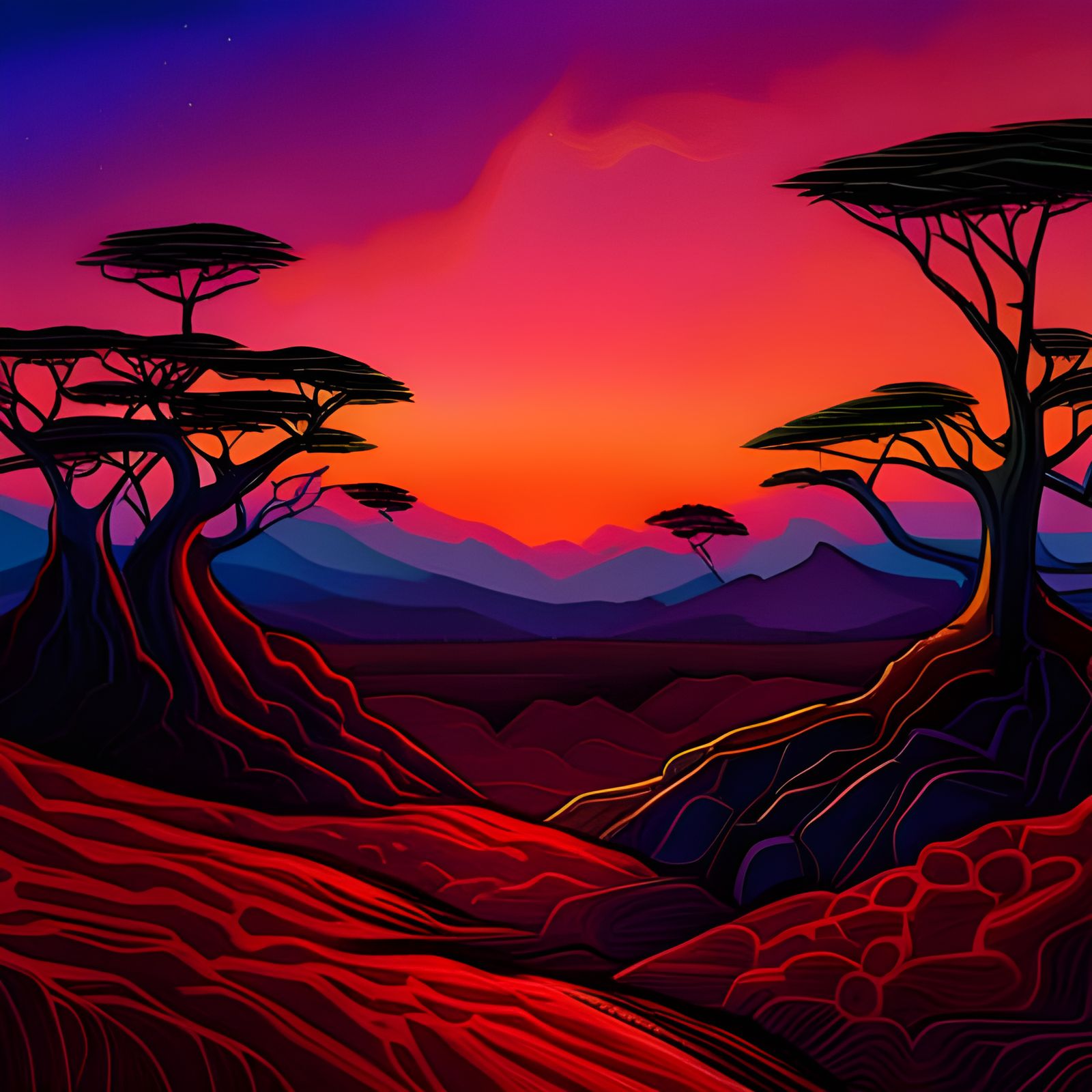 African Sunset: Holographic Astral Illustration