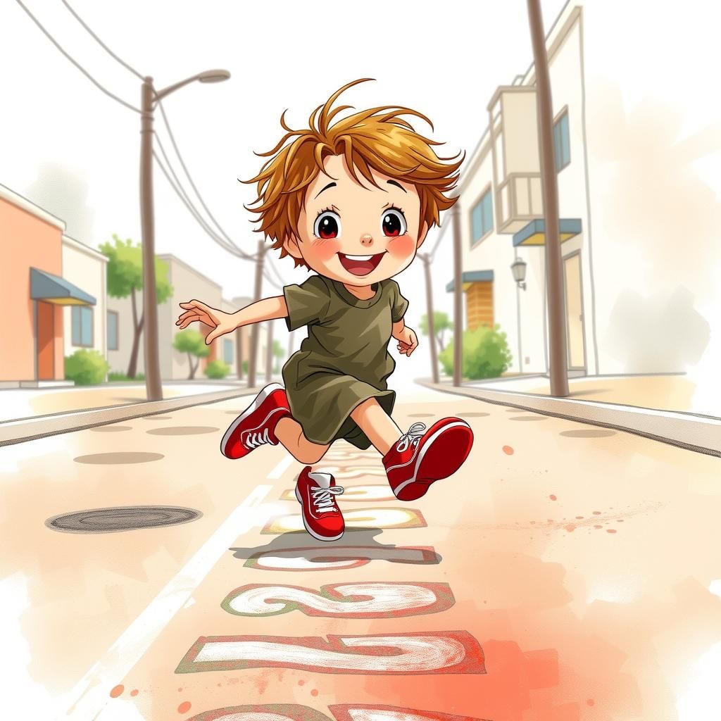 Child Playing Hopscotch in Watercolor Carne Griffiths Style