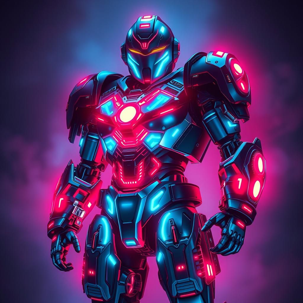 Armored Cybernetic Knight in Neon-Lit Futurism
