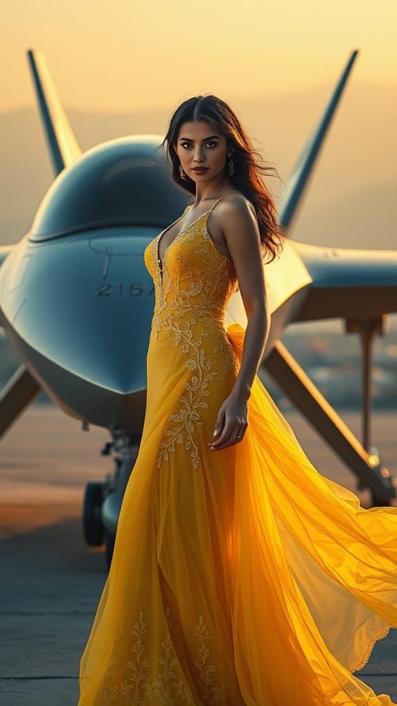 Glamorous Model Posed in Front of Futuristic War Drone