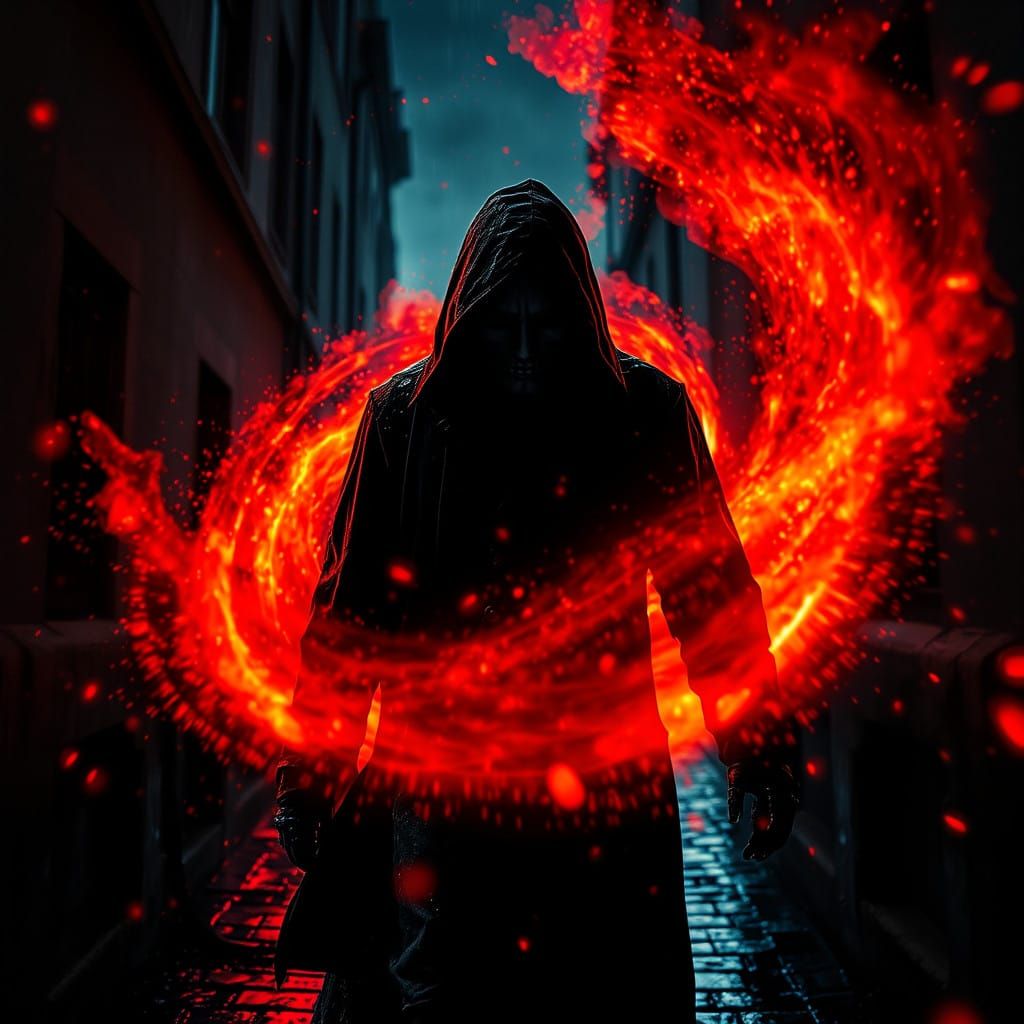 A Hooded Assassin Emerges from Cosmic Vortex in Dark, Cinema...