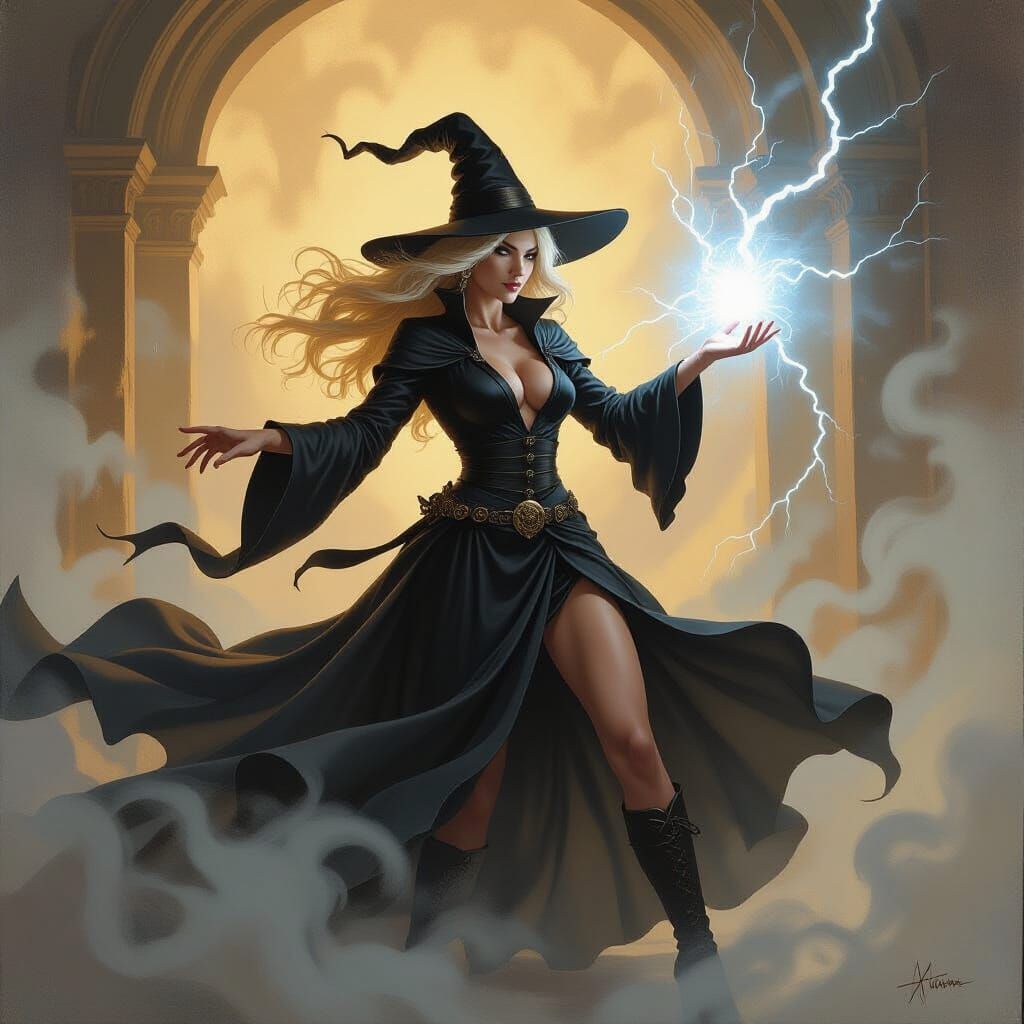 Blonde Witch Casting Lightning Spell in Oil Painting Style
