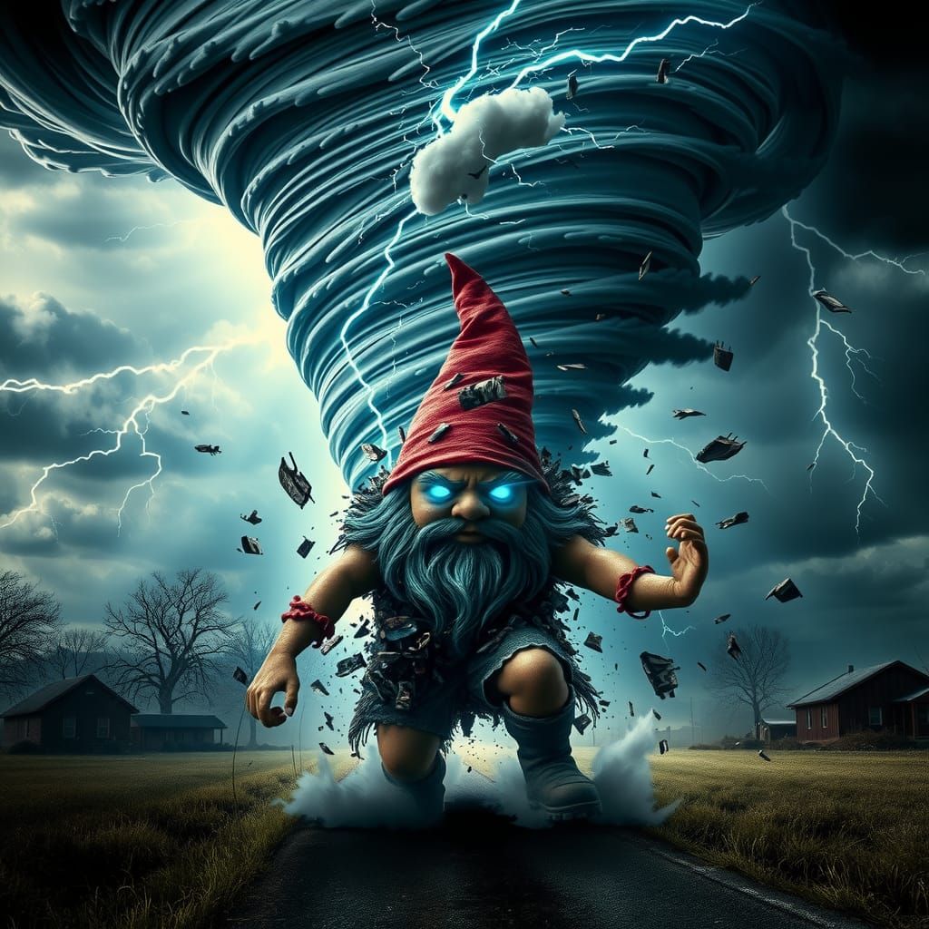 Gnome Emerges from Tornado in Hyper-Realistic Style