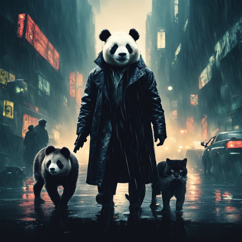 Panda Detective in Rainy Cyberpunk Film Still