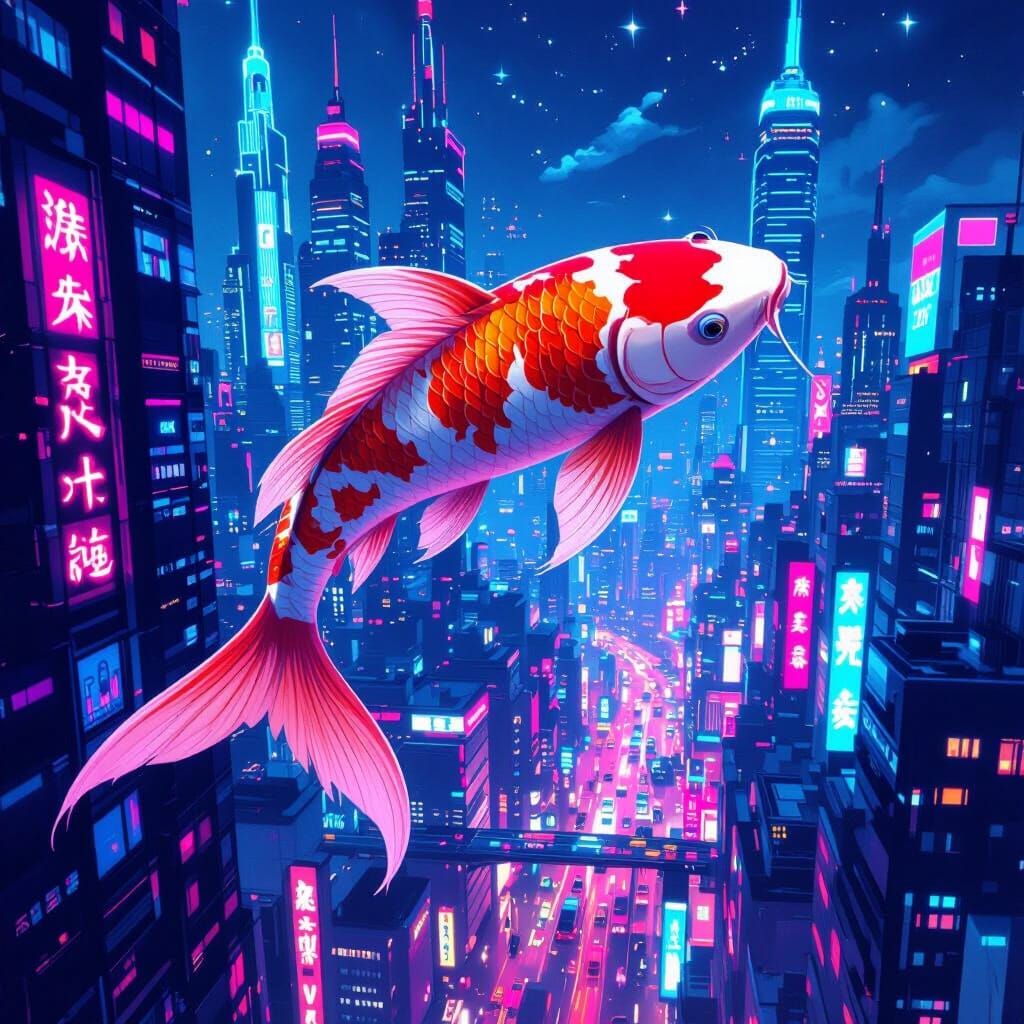 Flying Koi Fish Over Neon Cityscape