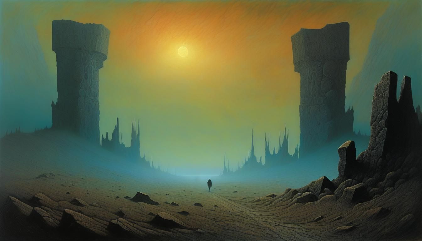 Surreal Landscape with Portal Gate in Oil Painting Style