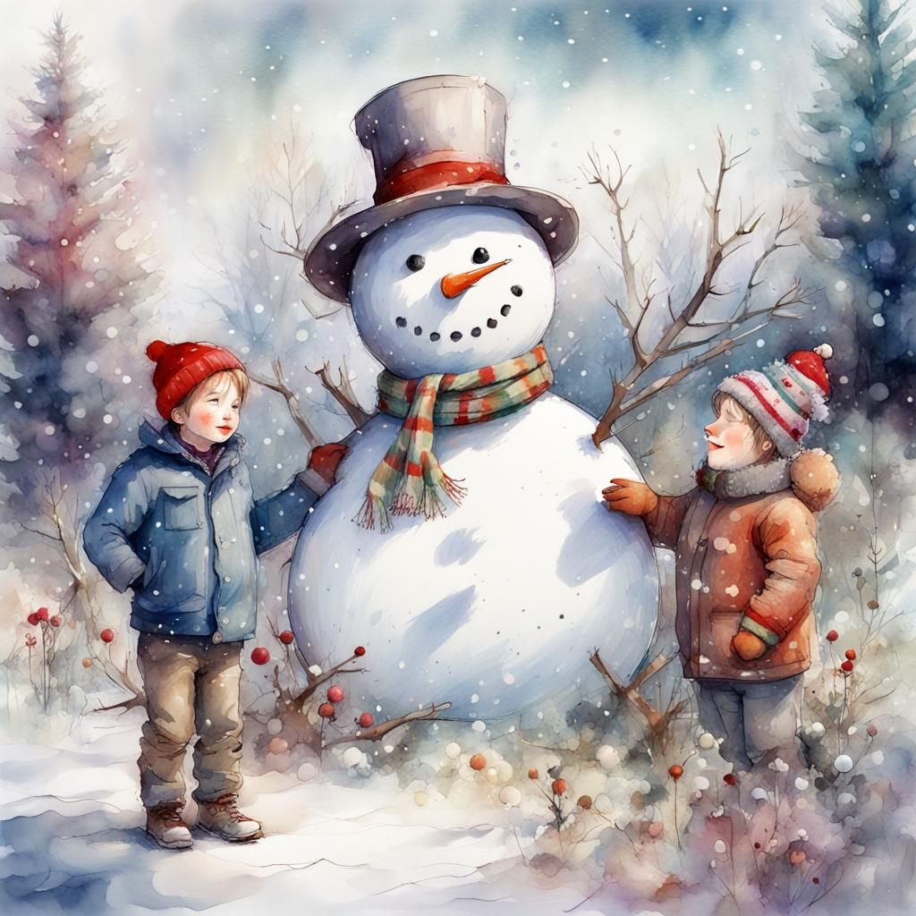 Christmas Snowman and Young Man in Watercolor Style