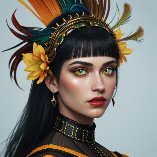 Gold Woman with Peacock Feathers: Hyperrealistic Portrait