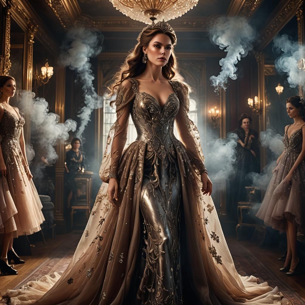 Woman in Smoke Dress Reflected in Psyche, Detailed Fantasy A...