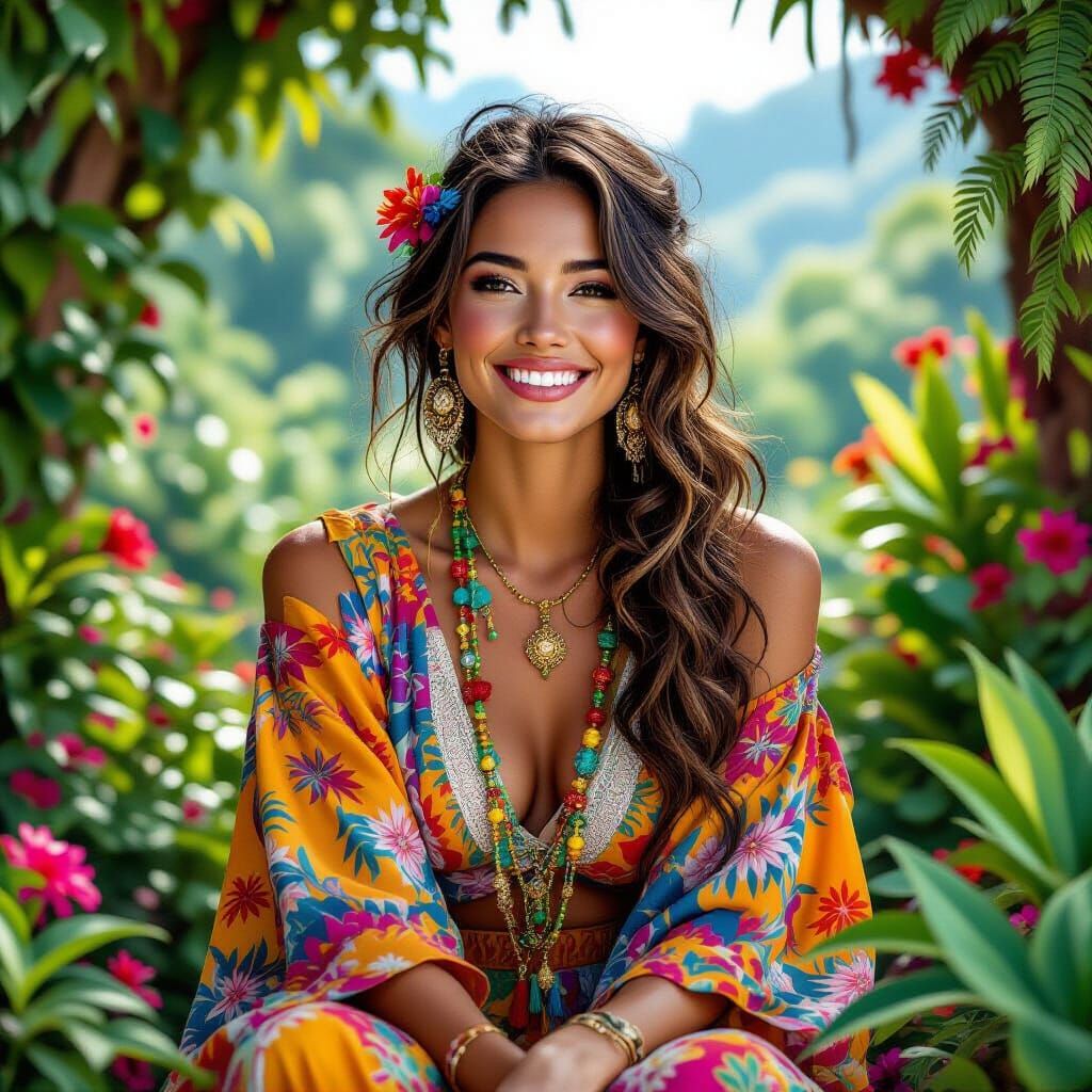 Woman in Vibrant Clothing in Whimsical Scenery