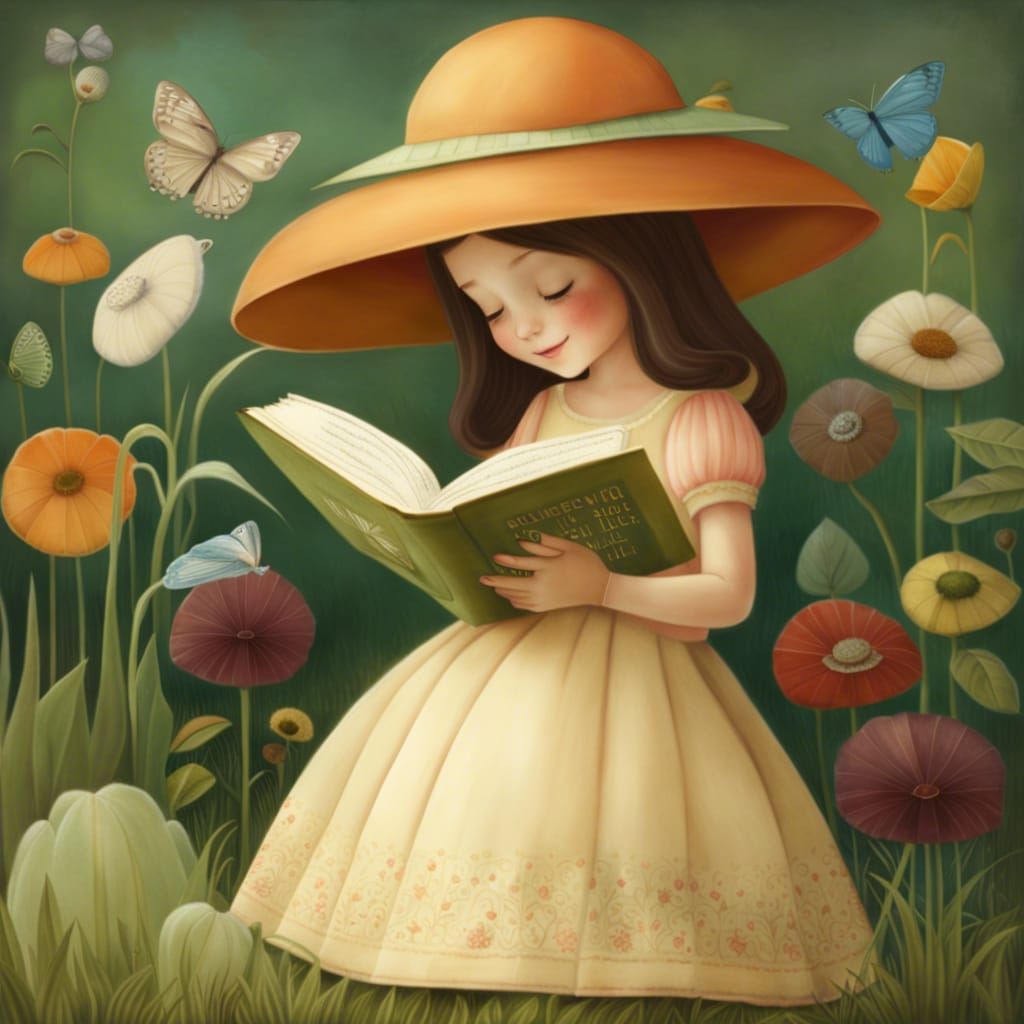 Charming Storybook Portrait: Little Girl Reading in Garden