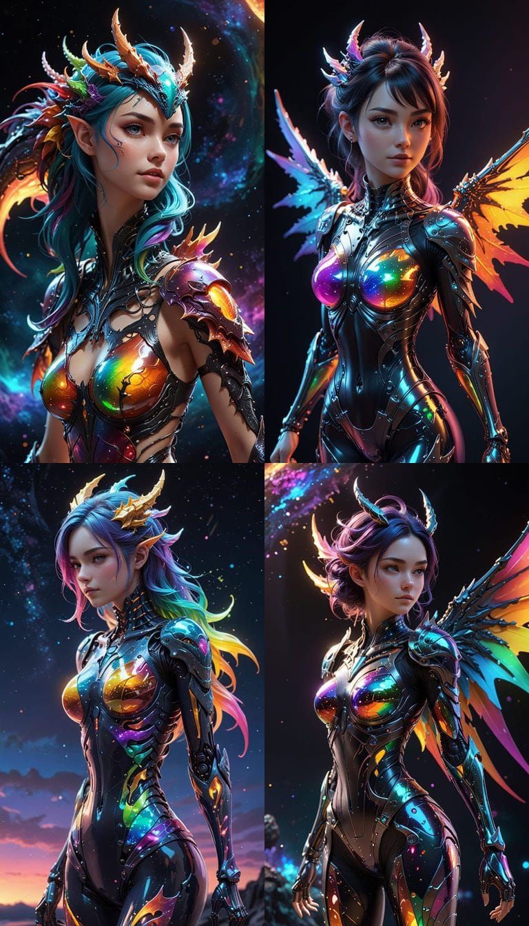 Surreal Robot Dragon Girl in Rainbow Slime