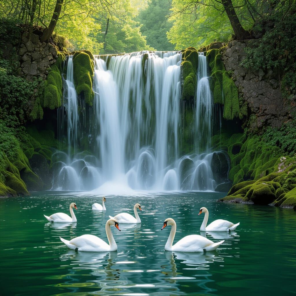 Emerald Waterfall with Swans in Hyperrealistic Style