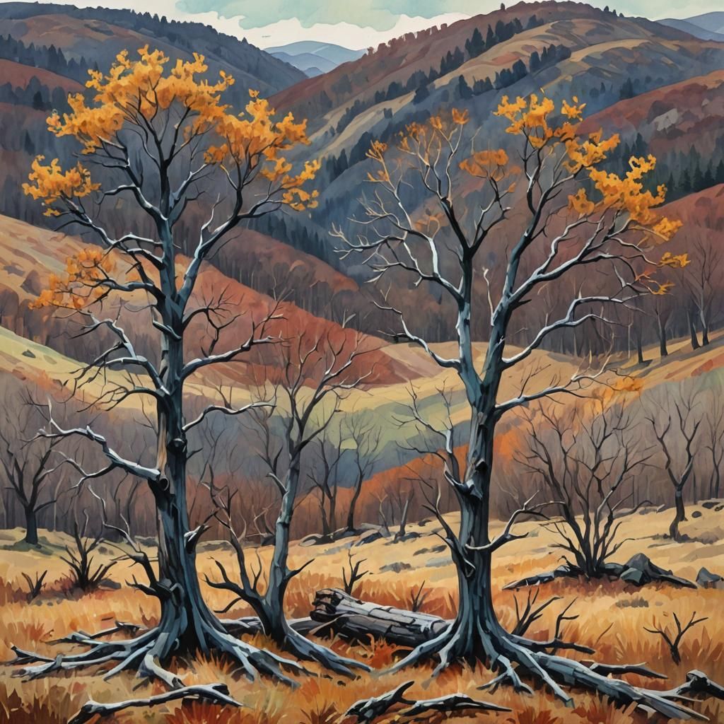 Autumnal Barren Trees in Impressionist Gouache Style