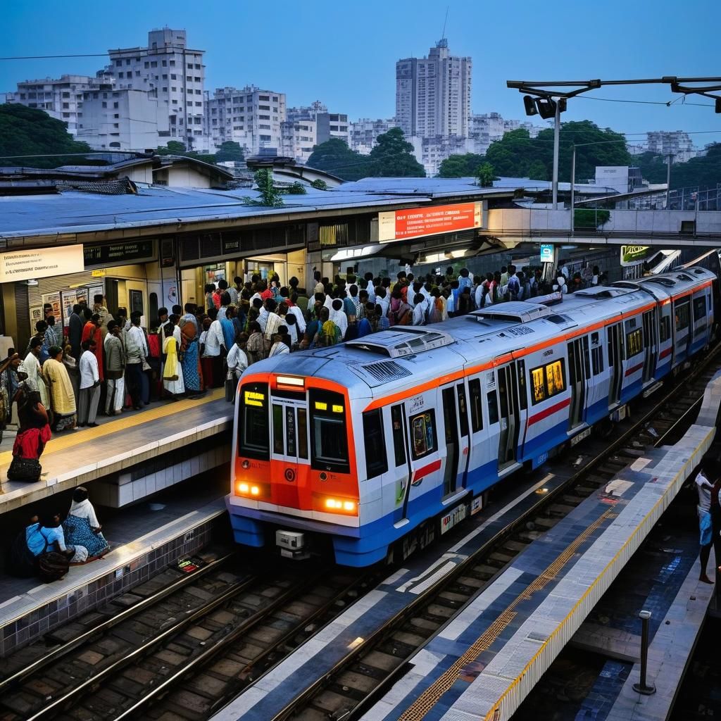 Metro Train Arriving at Busy Rush-Hour Station
