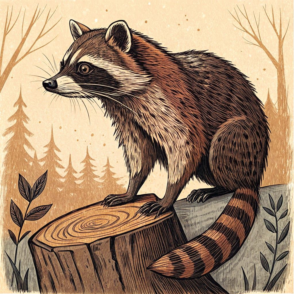 Rustic Raccoon in Folk Art Woodcut Style
