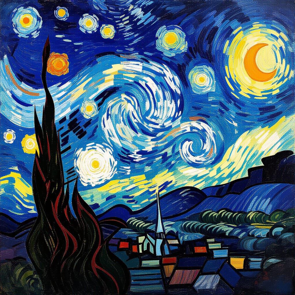 Whirling Starry Night in Impasto Style