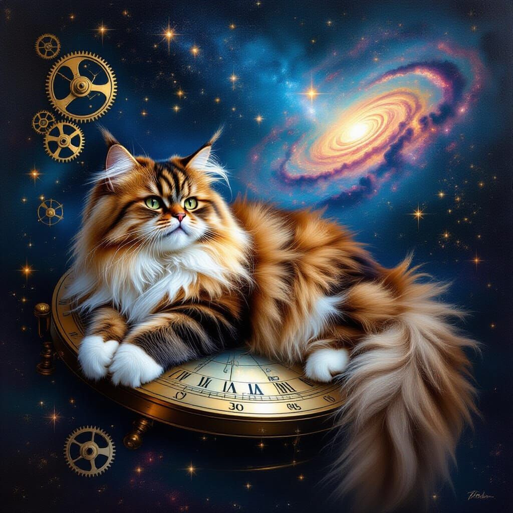 Nebula Cat on Astrolabe in Cosmic Scene