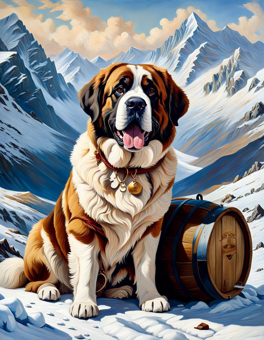 St Bernard Dog's Heroic Mountain Rescue, Oil Painting