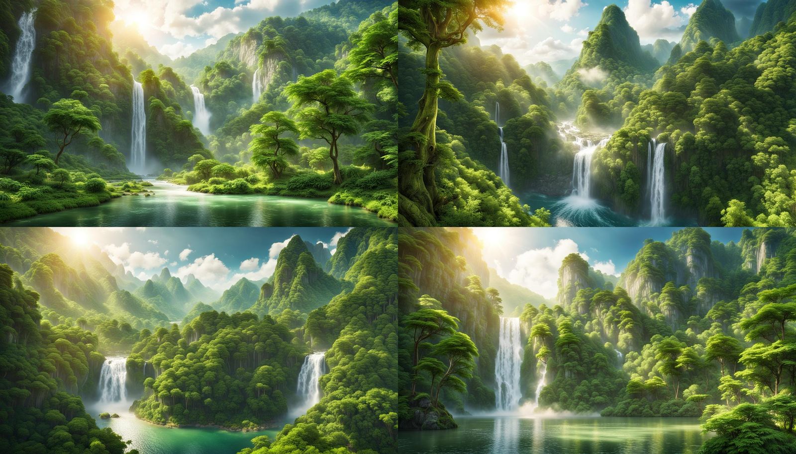 Beautiful serene intricate amazing utopia landscape with sunlight pass thru clouds green lush forest mountain and waterf...