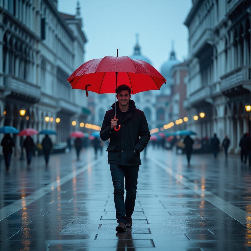 Joyful Man Walks Through Empty Venice Square in Rain