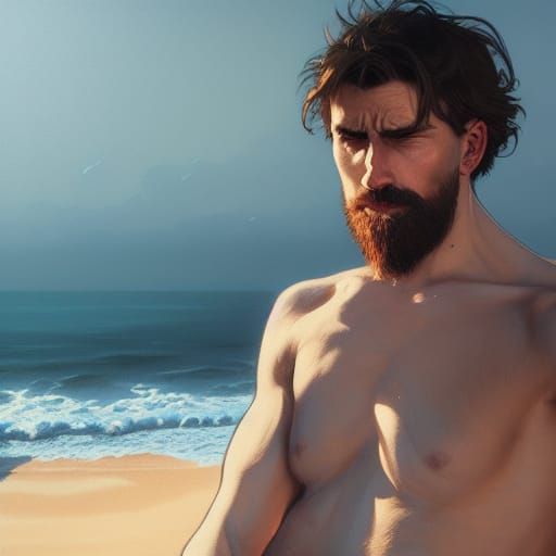 Detailed Portrait of Man on Beach in 8k