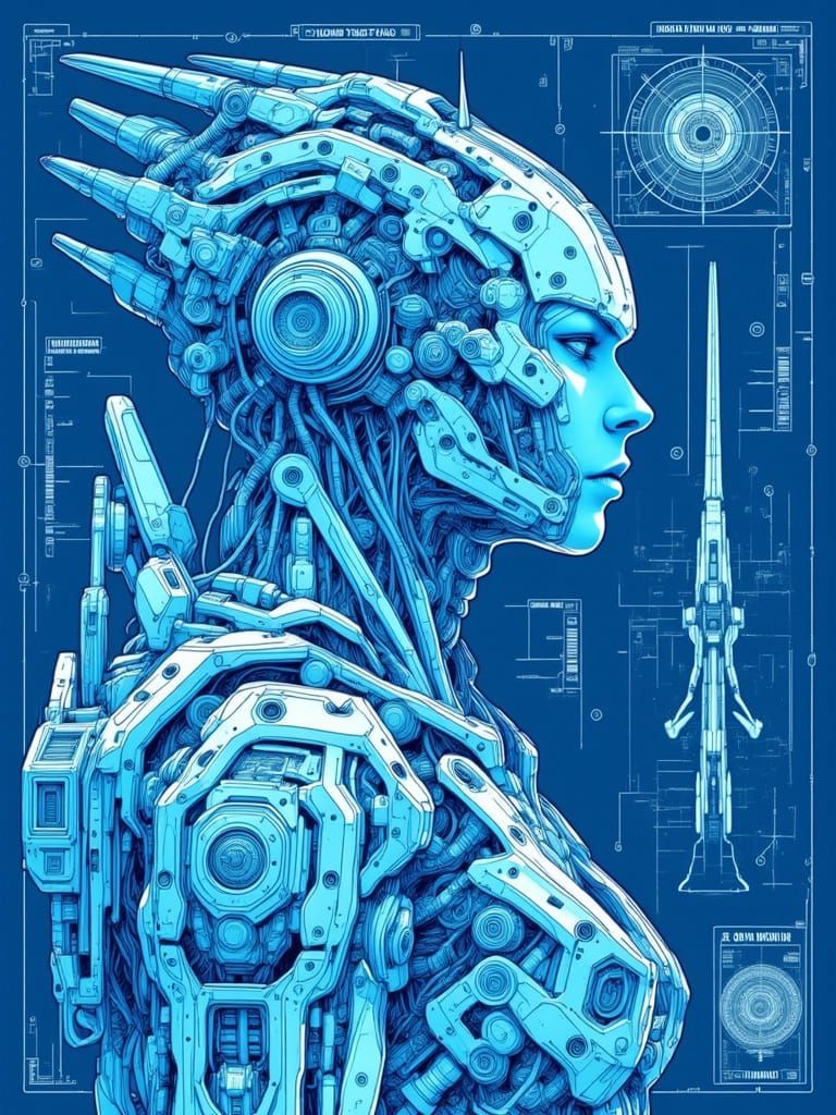 Futuristic Cyborg in Cyberpunk Style Line Art