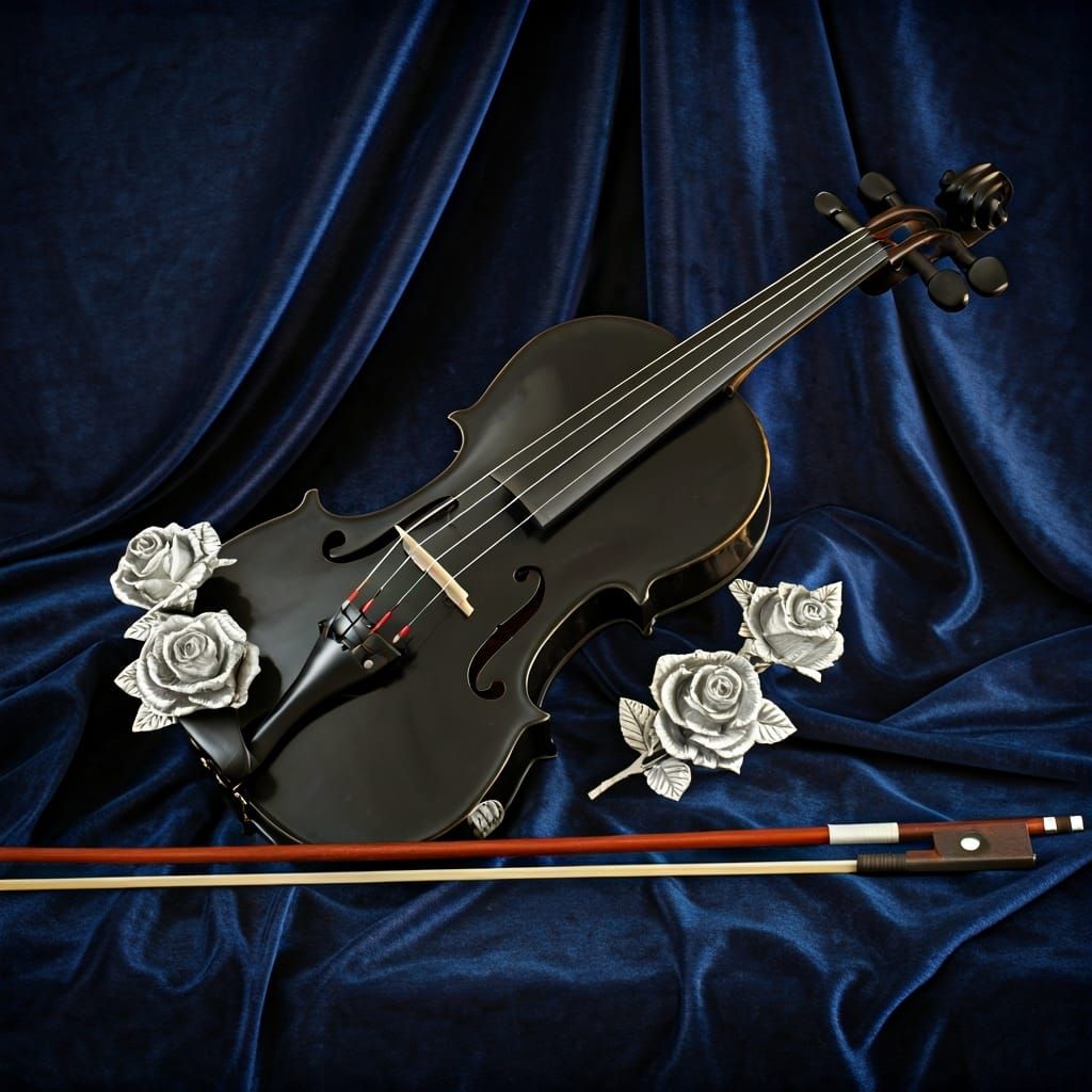 Elegant Black Violin with Silver Roses in Vintage Style