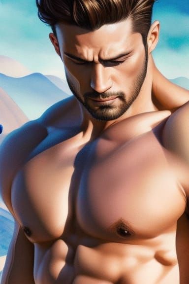 Anime Hero on Beach in Mucha Watercolor Style