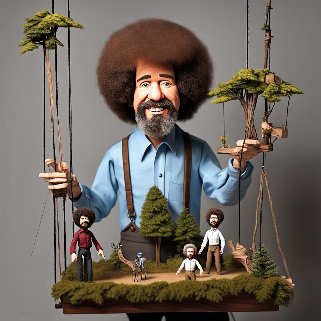 Hyperrealistic Bob Ross Puppet Painting Fantasy