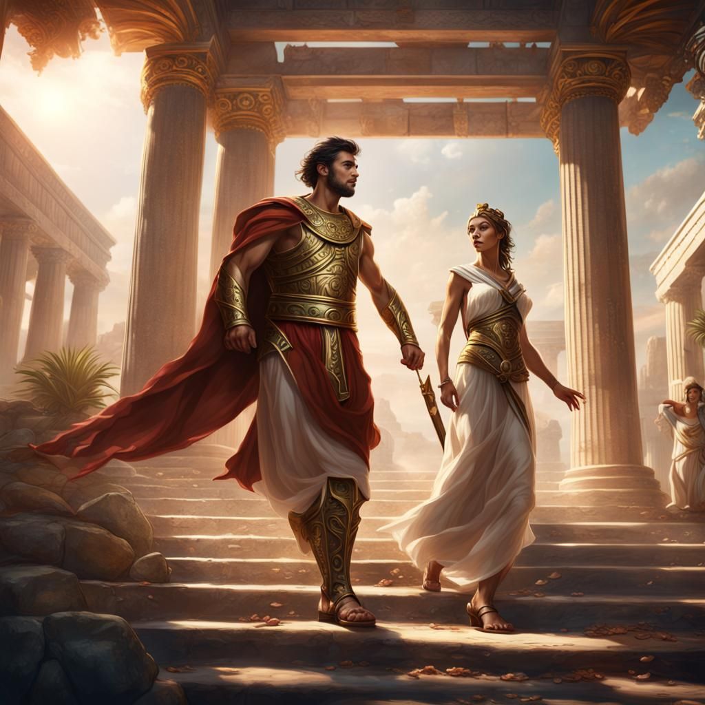 Greek General Chasing Priestess: Detailed Matte Painting