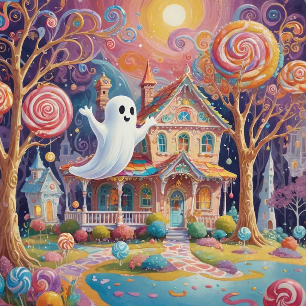 Whimsical Ghost in Candyland Gouache Illustration