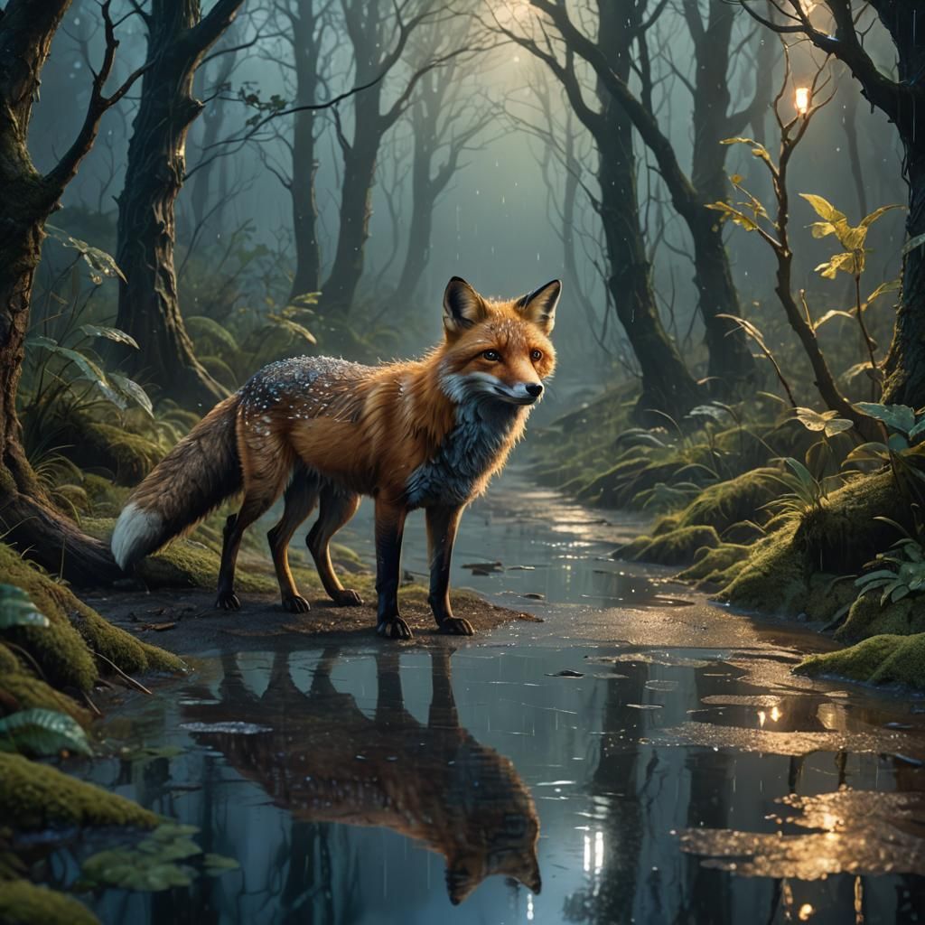 Fox in Misty Forest Path, Fantasy Art