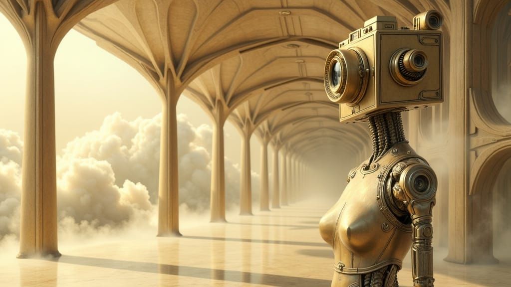 Ethereal Figure in Cyberpunk Study with Brass Camera Head