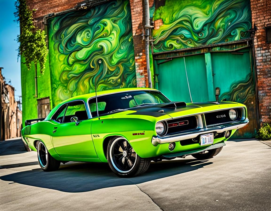 Steampunk Plymouth Cuda in Lime Green: Digital Art