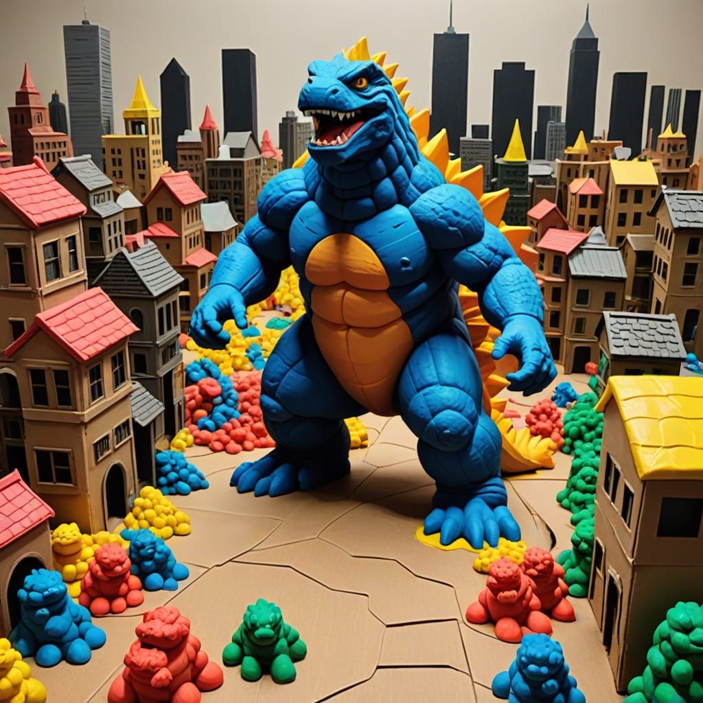 Playdough Godzilla Stomping Cardboard City