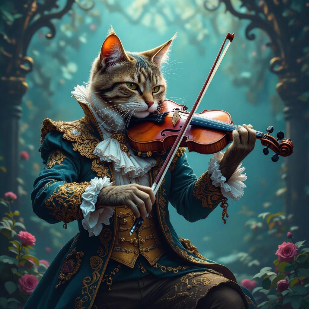 Whimsical Cat Playing Violin in Dreamlike Setting