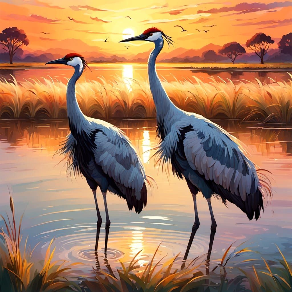 Elegant Cranes Soaring in a Minimalist Style