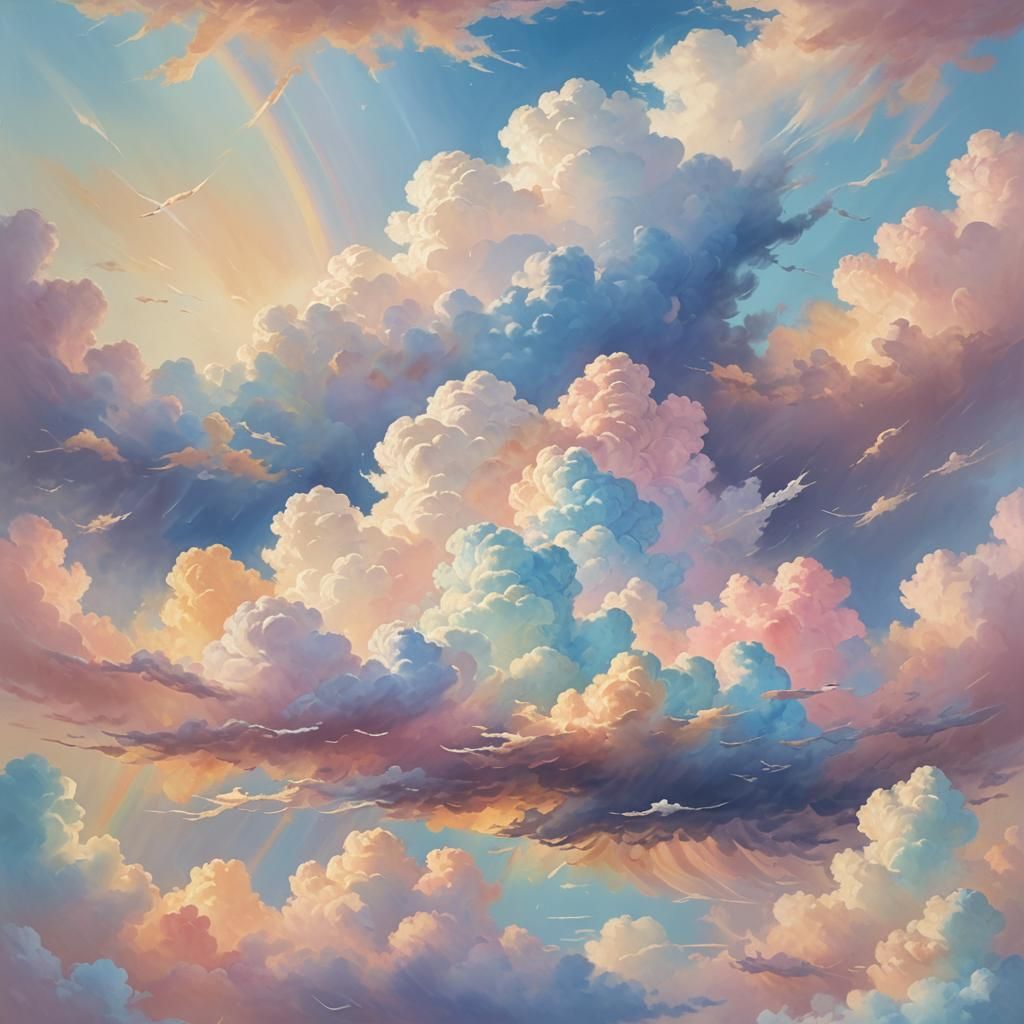 Ethereal Pastel Rainbow Clouds in Dreamy Oil Painting