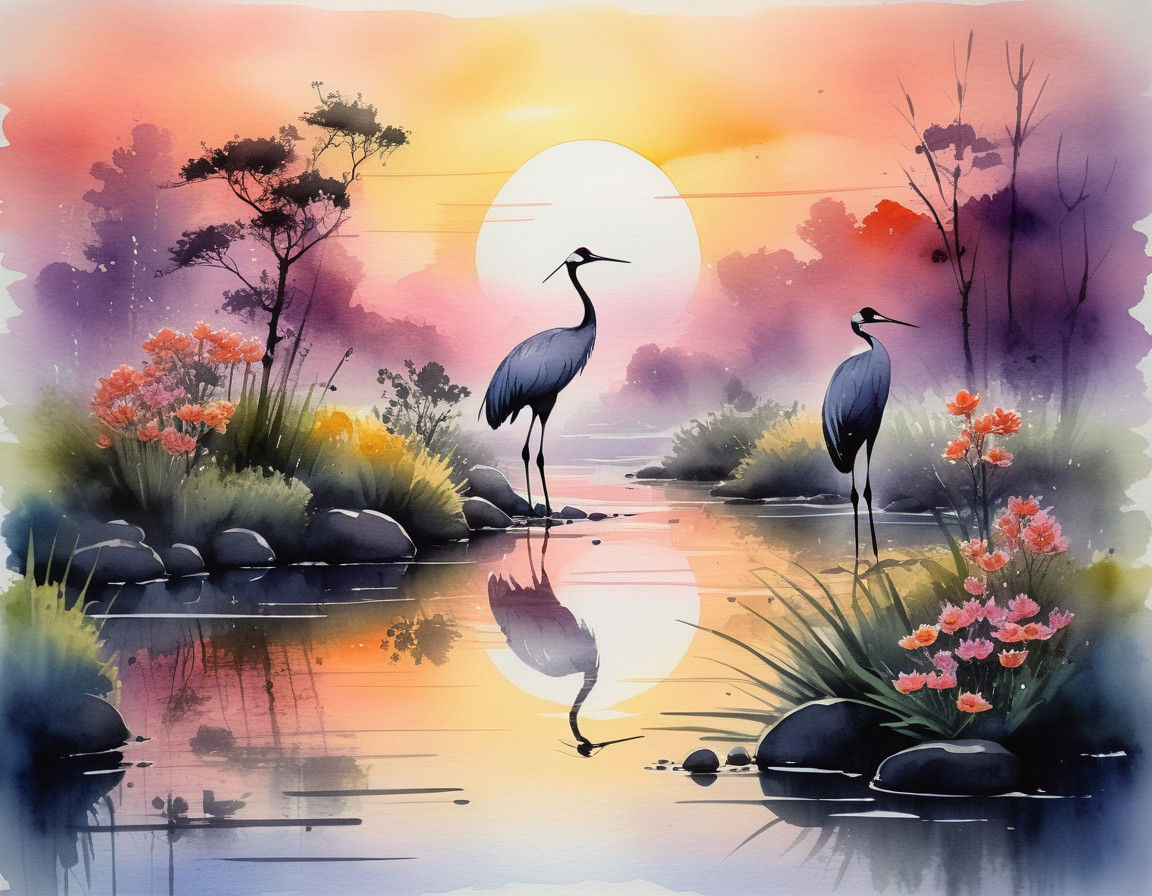 Elegant Sunrise Landscape with Imperial Colors and Cranes