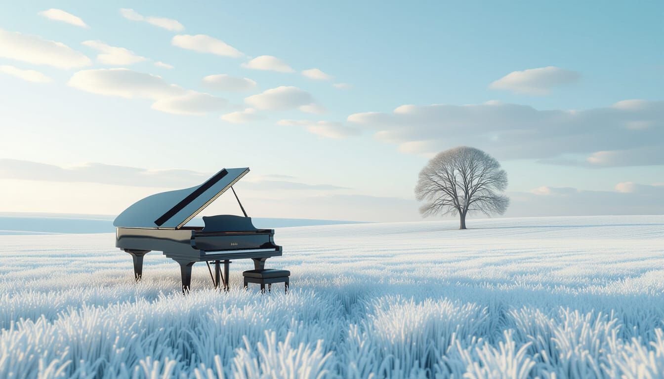Grand Piano in White Field: Minimalist Serenity