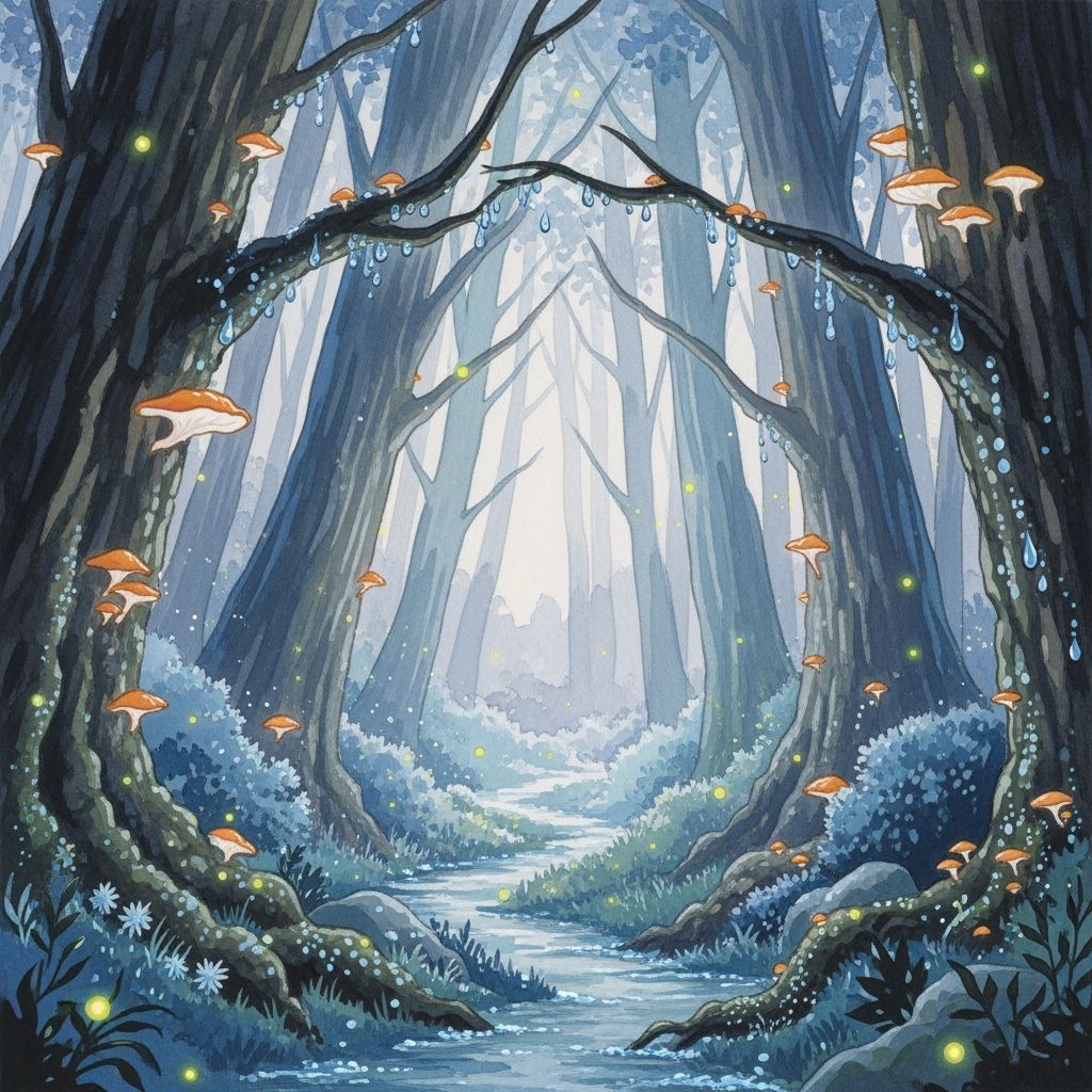 Bioluminescent Forest Path in Watercolor Style