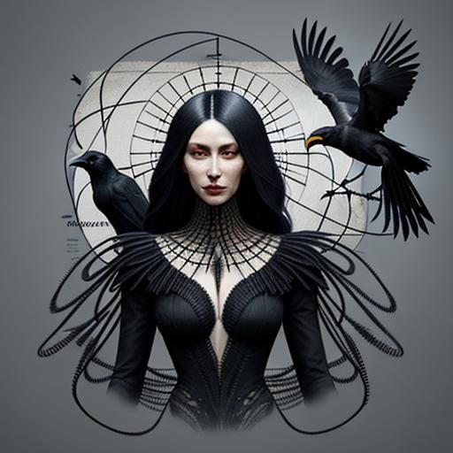 Interconnectedness: A woman and a crow, their forms merging or overlapping, suggesting a deep connection.