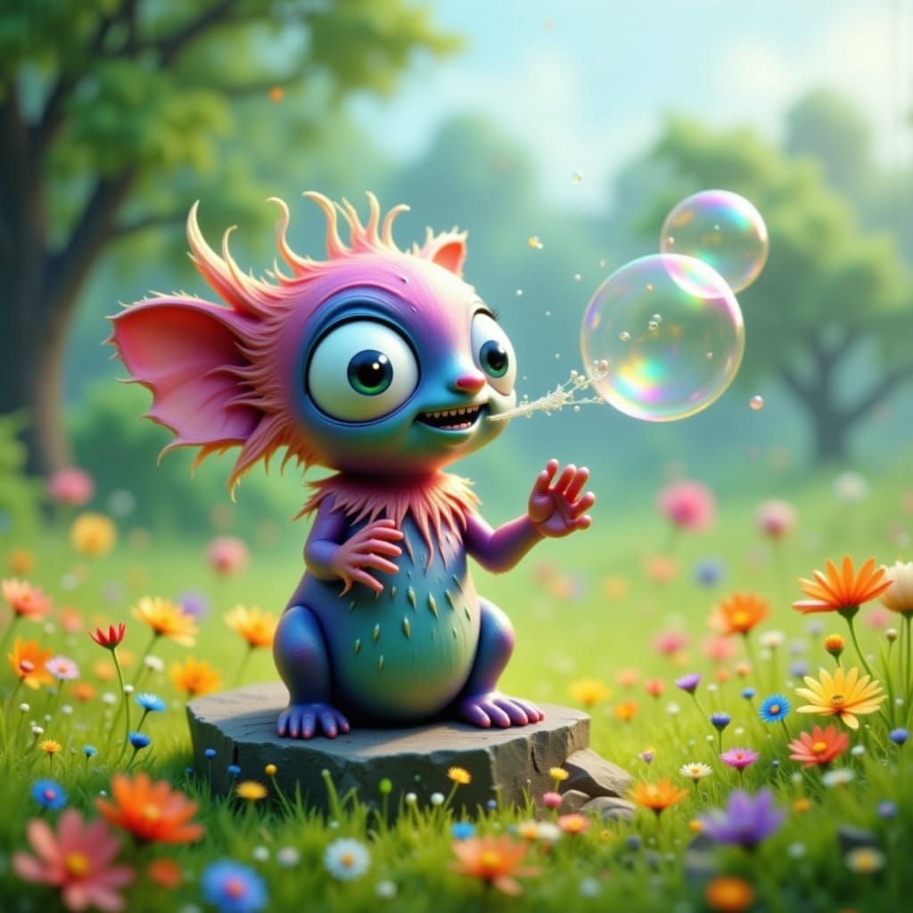 Happy Cartoon Monster Blowing Bubbles in CGI Style