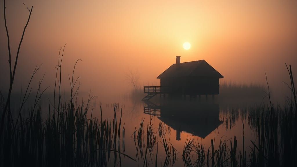 Eerie Swamp House at Misty Dawn