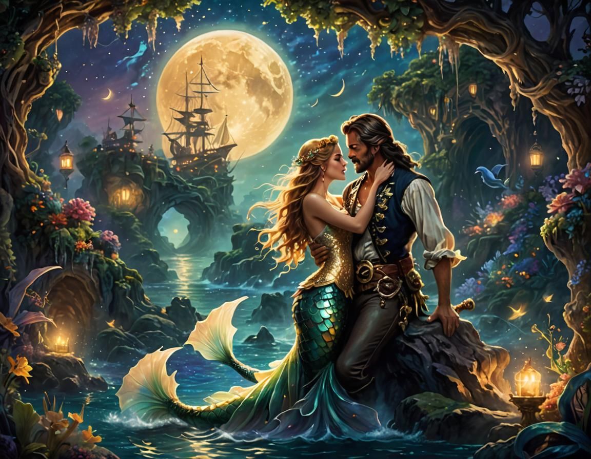 Pirate King and Mermaid Queen's Moonlit Embrace