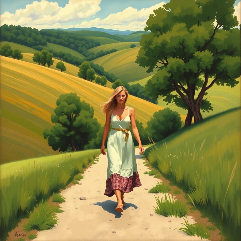 Regionalist Landscape with Serene Woman