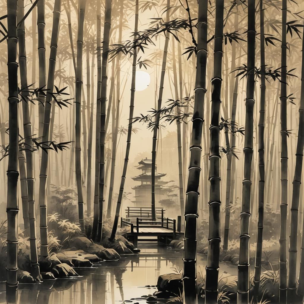 Serene Shinto Temple Interior in Sumi-e Style